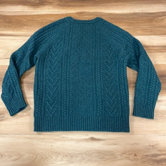 J. Crew Rugged Merino Wool Blend Cable Knit Sweater Mens Large Teal Green Raglan - Picture 8 of 8